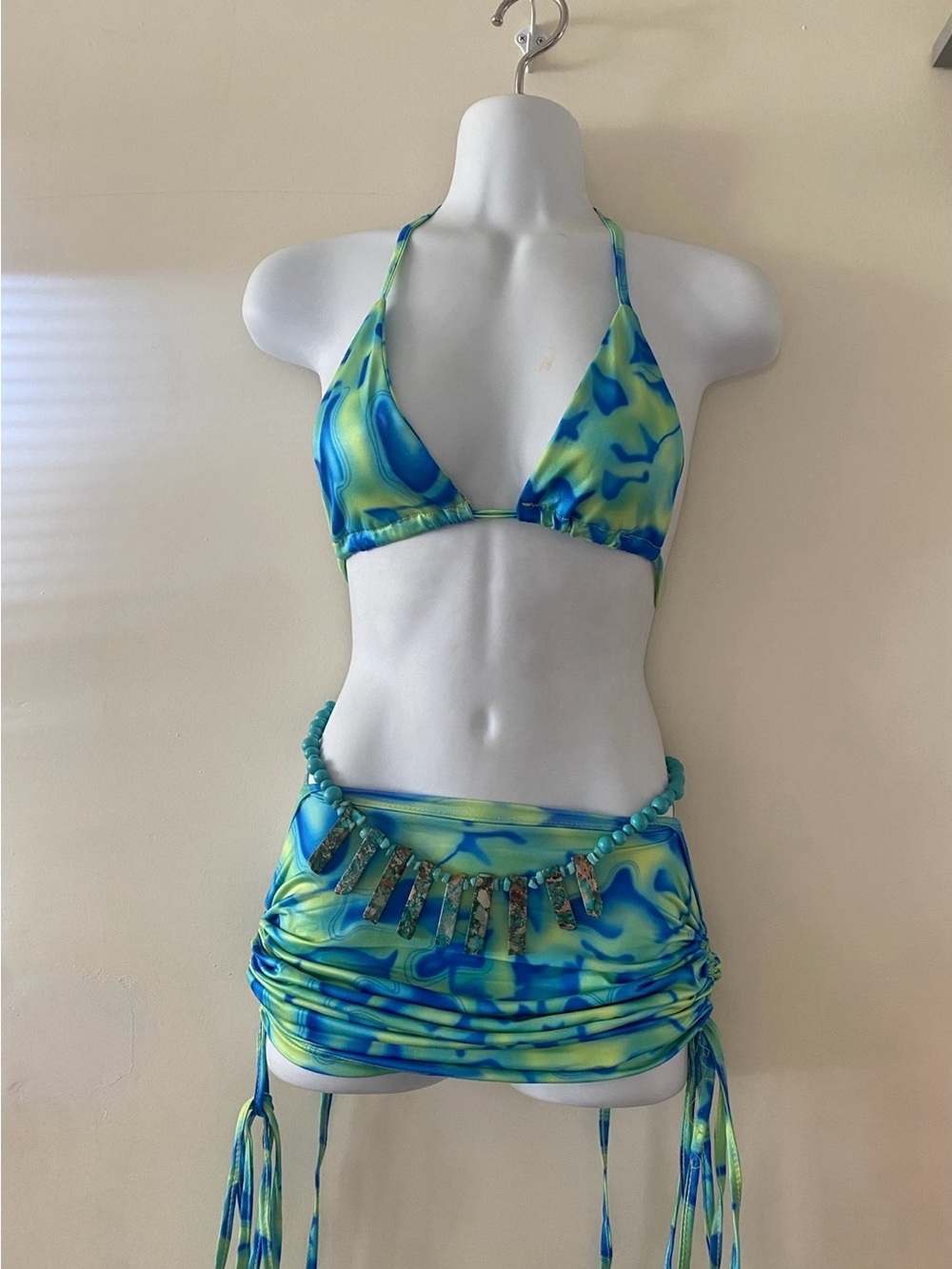 Blue & Lime Green Marble Print Bikini Set with Beaded Sarong